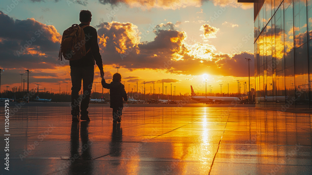 Father and child at airport watching sunset reflections Father and child at airport watching sunset reflections