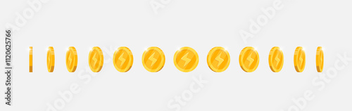 Rotating gold coin animation for gaming apps. Metal token featuring lightning bolt speed motif moves at changing angles. Symbol of success spinning fluidly. Flat 3D design for digital interfaces