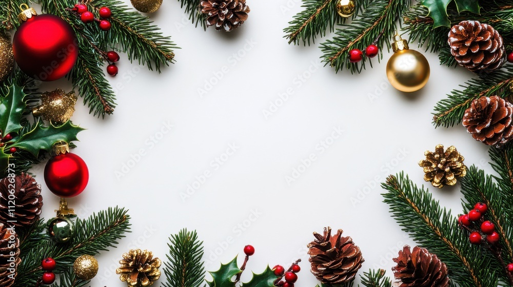 Vibrant christmas border with ornaments and holly Vibrant christmas border with ornaments and holly
