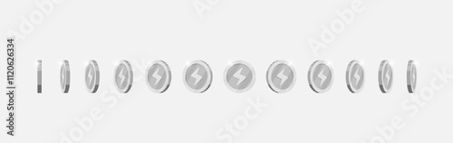 Dynamic rotation of silver coin with lightning bolt speed emblem for video games. Metal achievement marker turns at multiple angles. Flat 3D asset for game or app motion graphics