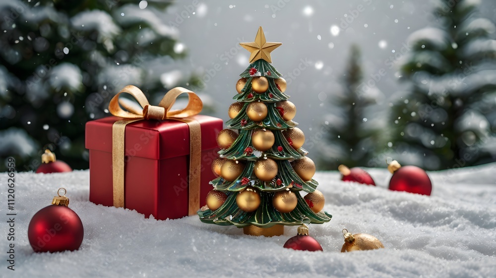 Decoration of Christmas Day in December, Pine Tree, Box and Bell Ball Decoration of Christmas Day in December, Pine Tree, Box and Bell Ball