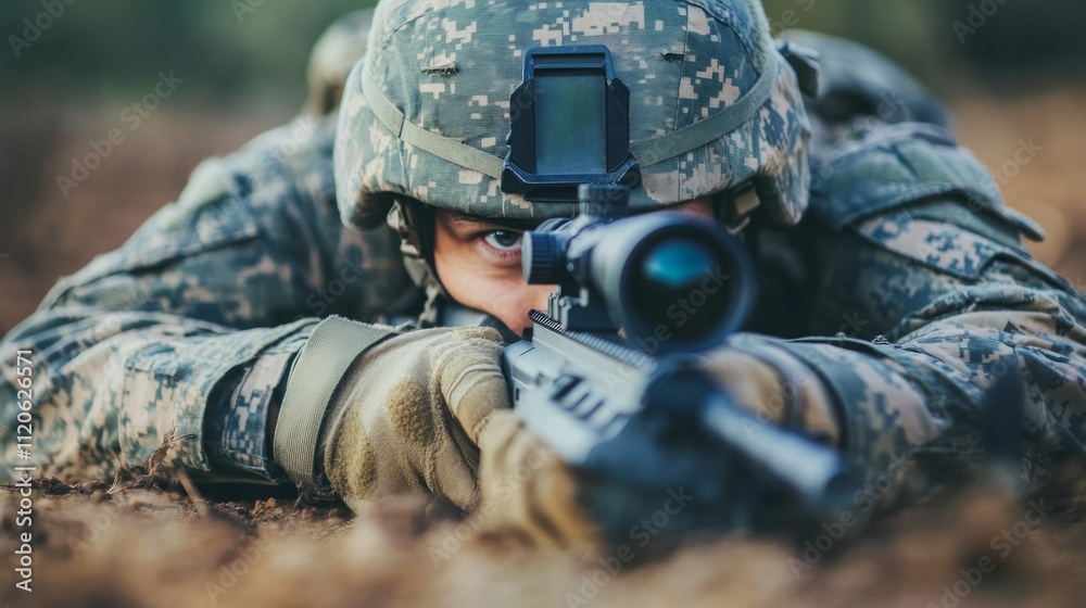 Soldier adjusting the sights of his rifle while lying face down generative ai