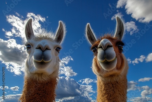 Two alpacas in front of a blue sky. South American camelid