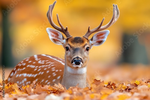 A serene shot of a deer lying on a bed of autumn leaves, with soft, diffused light enhancing the colors photo