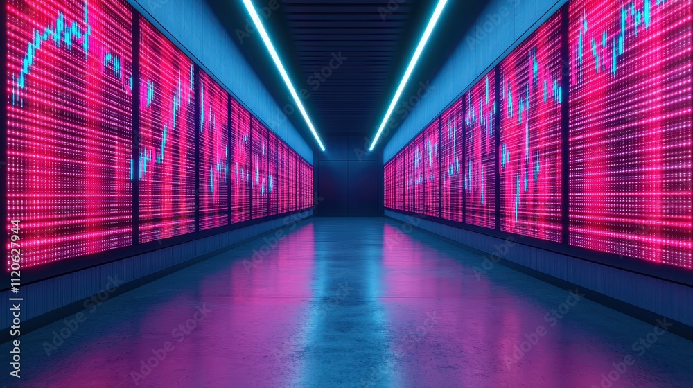 Neon Lit Data Center Corridor with Pink and Blue Lights Neon Lit Data Center Corridor with Pink and Blue Lights