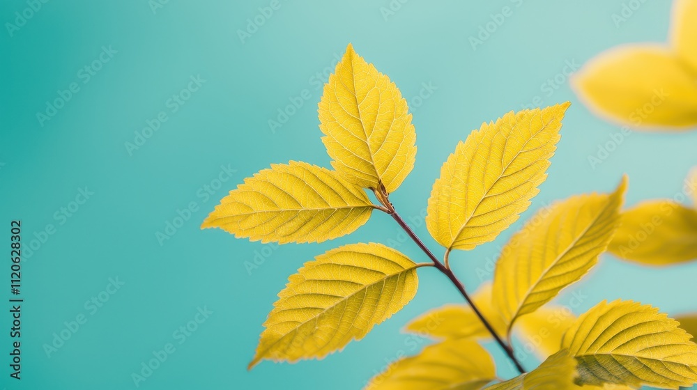 Golden Autumn Leaves Against Teal Sky Background Golden Autumn Leaves Against Teal Sky Background