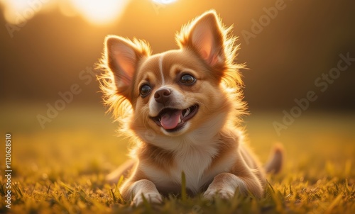 Happy Chihuahua enjoying a sunset. photo