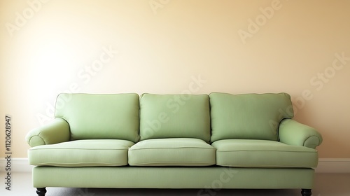 Elegant ThreeSeater Green Sofa Against Light Beige Wall for Chic Living Rooms : Generative AI photo