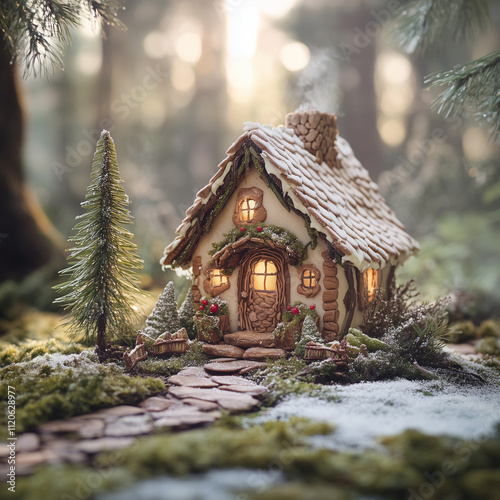 gingerbread cottage in a snowy forest setting