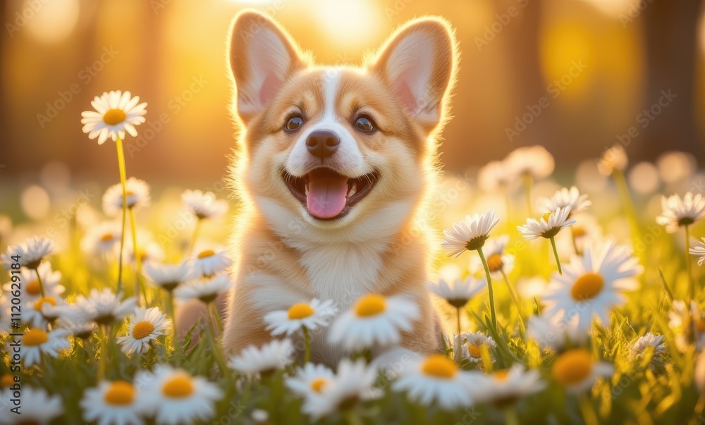 Smiling corgi in a field of daisies Smiling corgi in a field of daisies