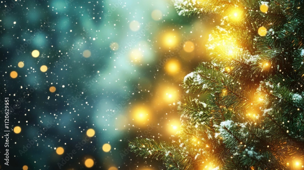 Winter scene with evergreen tree and fairy lights Winter scene with evergreen tree and fairy lights
