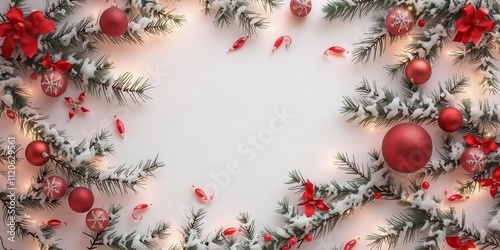 A festive Christmas holidays greeting banner template featuring a snowy background with Christmas tree branches, ornaments, and twinkling lights, background, twinkling lights