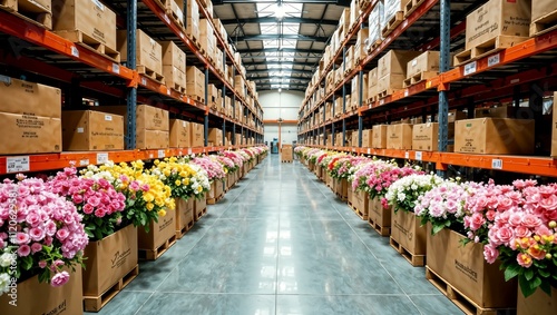 Rows of vibrant flower bouquets in a warehouse aisle, surrounded by packed cardboard boxes on shelves, under a bright industrial ceiling, concept of floral storage