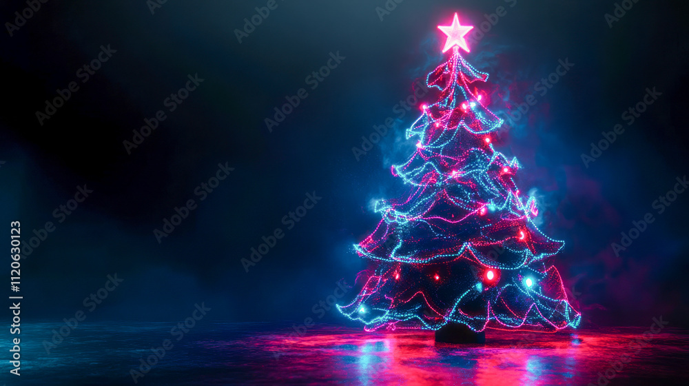 Neon christmas tree in vibrant blue and pink light on reflective surface