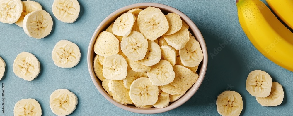 Healthy Banana Chips in a Jar Surrounded by Fresh Bananas Healthy Banana Chips in a Jar Surrounded by Fresh Bananas