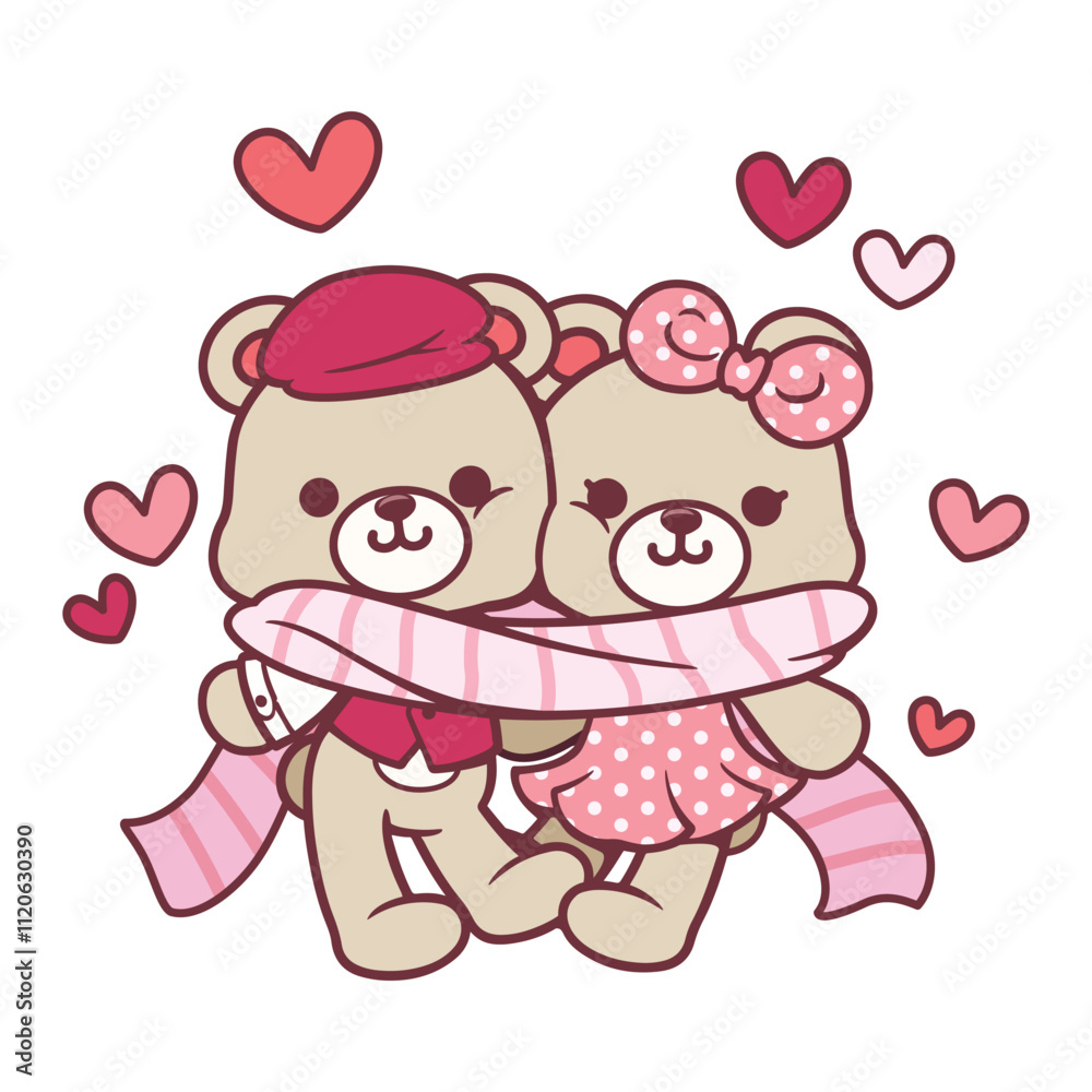 Fototapeta premium Illustration of A bear couple lover cartoon, both wearing the same pink scarf on Valentine's day theme. ideas for icons, labels, or digital decoration.