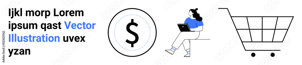 Dollar symbol, woman using a laptop on a bench, and a shopping cart representing e-commerce and online shopping. Ideal for digital marketplaces, online retail, e-commerce platforms, internet Dollar symbol, woman using a laptop on a bench, and a shopping cart representing e-commerce and online shopping. Ideal for digital marketplaces, online retail, e-commerce platforms, internet