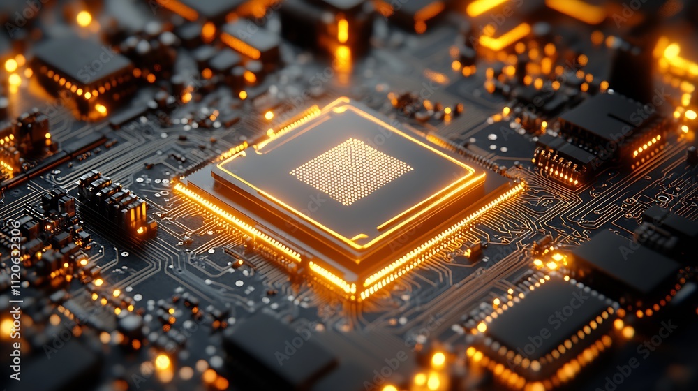 Futuristic Computer Processor on Illuminated Circuit Board in Hightech Digital Design : Generative AI Futuristic Computer Processor on Illuminated Circuit Board in Hightech Digital Design : Generative AI