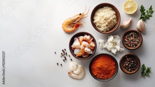 A collection of fresh seafood and spices arranged for cooking preparation.