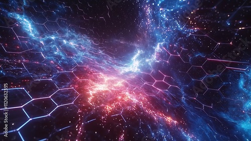 Digital hexagonal mesh grid with glowing electric blue accents in space
