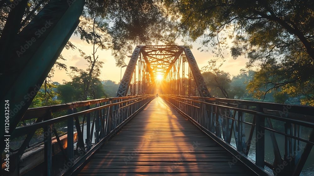 Fototapeta premium Morning Sunlight Streaming Through Trees on a Rustic Metal Bridge : Generative AI