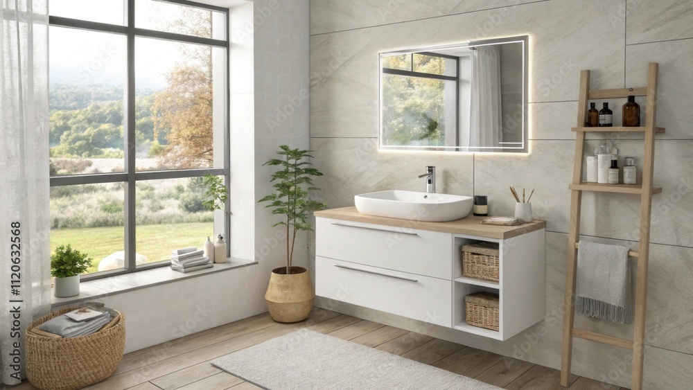 Fototapeta premium Chic Simplicity An airy setting highlights a pristine wallmounted wash basin with integrated storage and a stylish floating . Lightcolored walls amplify the natural light streaming
