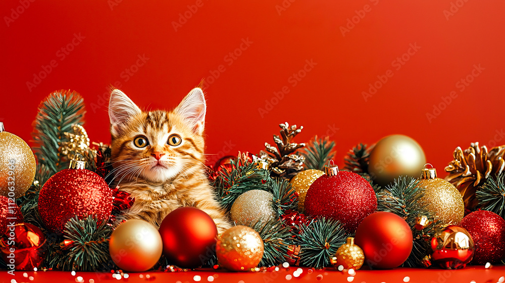 Festive cat among holiday ornaments and evergreen branches