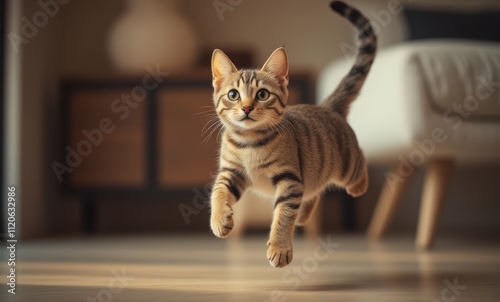 Playful tabby cat jumping indoors photo