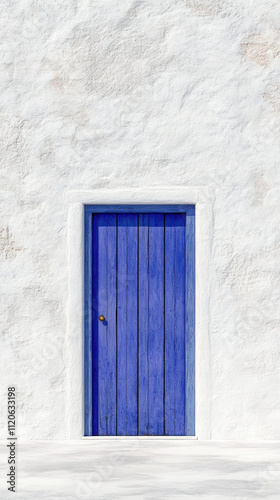 Greek Blue Door on White Wall in Minimalist Style