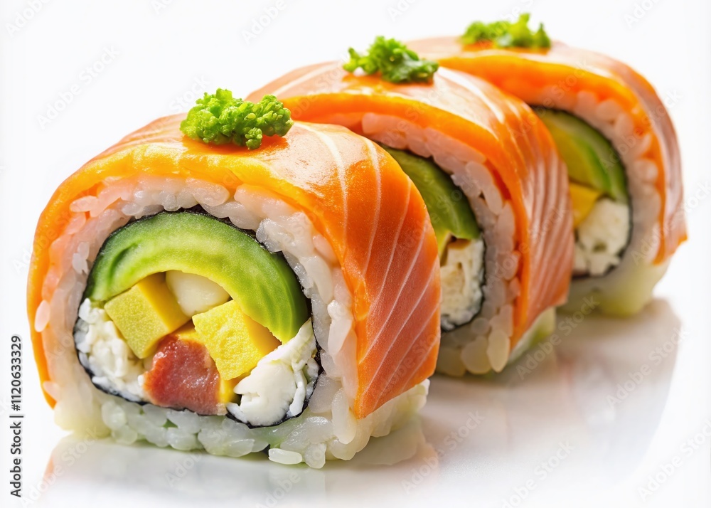 A captivating close-up showcases a sushi roll with salmon, avocado, and tamagoyaki filling, elegantly isolated on a white background, perfect for culinary presentation. A captivating close-up showcases a sushi roll with salmon, avocado, and tamagoyaki filling, elegantly isolated on a white background, perfect for culinary presentation.