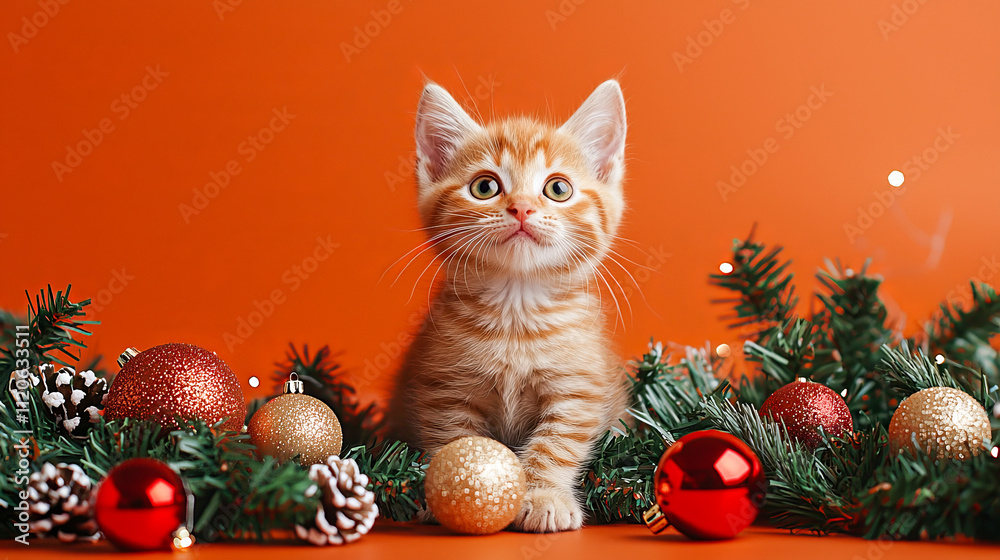 Adorable ginger kitten among festive christmas ornaments and pine decorations Adorable ginger kitten among festive christmas ornaments and pine decorations
