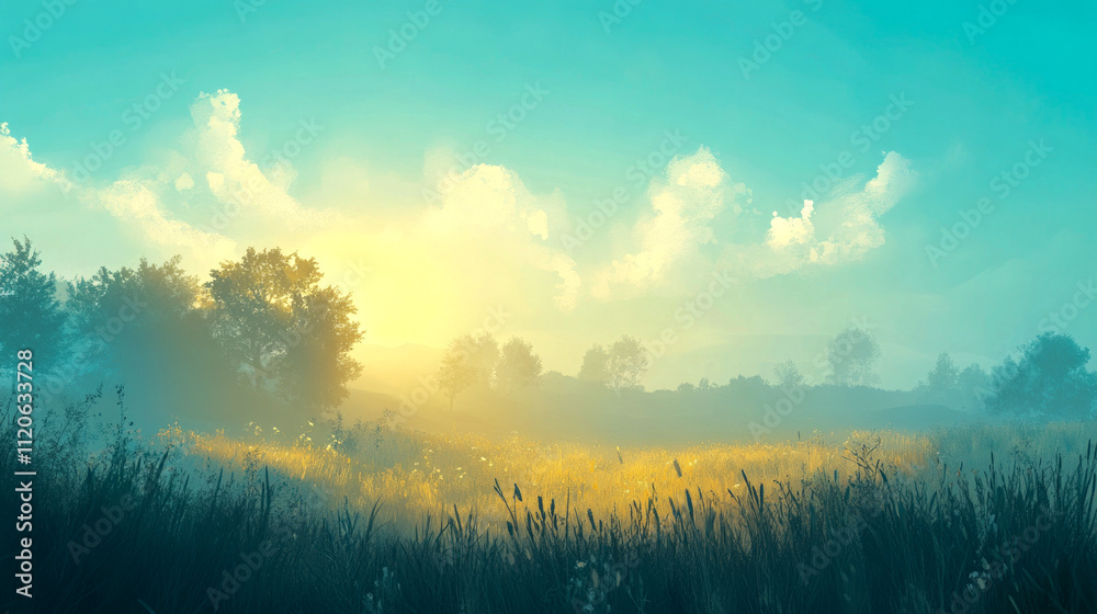 Fototapeta premium Serene sunrise over misty meadow with silhouetted trees and grassy field