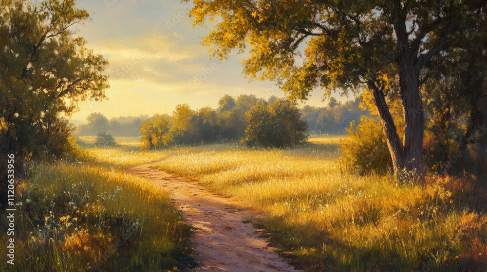 Golden meadow path at sunset with lush trees and vibrant scenery Golden meadow path at sunset with lush trees and vibrant scenery