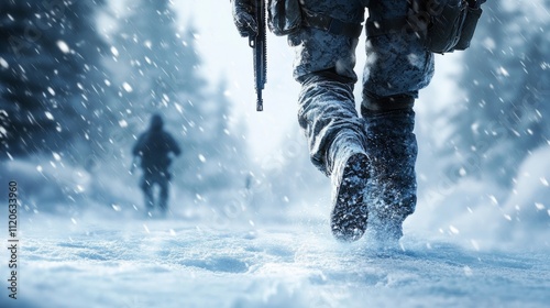 Soldier walking across a snowy battlefield, clutching his weapon, winter conditions generative ai