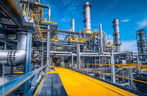 Refinery system with vibrant yellow railings and intricate pipe network under a bright blue sky : Generative AI
