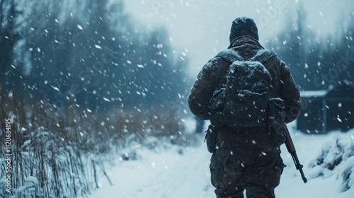 Soldier walking across a snowy battlefield, clutching his weapon, winter conditions generative ai