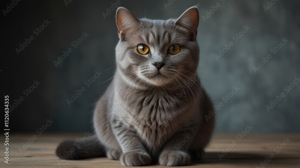 Gray cat with yellow eyes sitting on wooden floor. Gray cat with yellow eyes sitting on wooden floor.