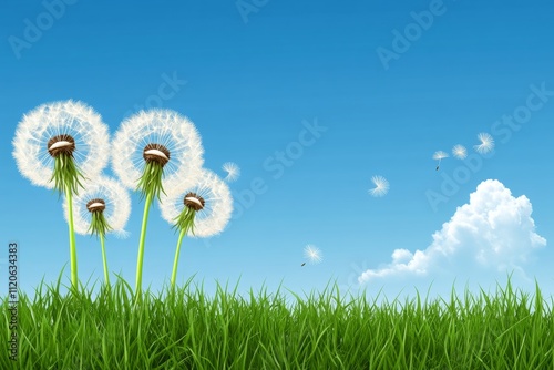 A colorful 3D illustration of a dandelion field under a clear sky, with seeds floating in the breeze