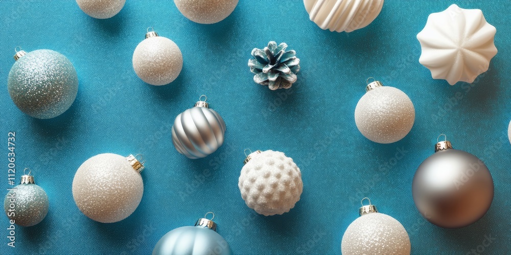 Fototapeta premium A vibrant blue table adorned with a variety of colorful Christmas ornaments, showcasing festive decorations that capture the holiday spirit.