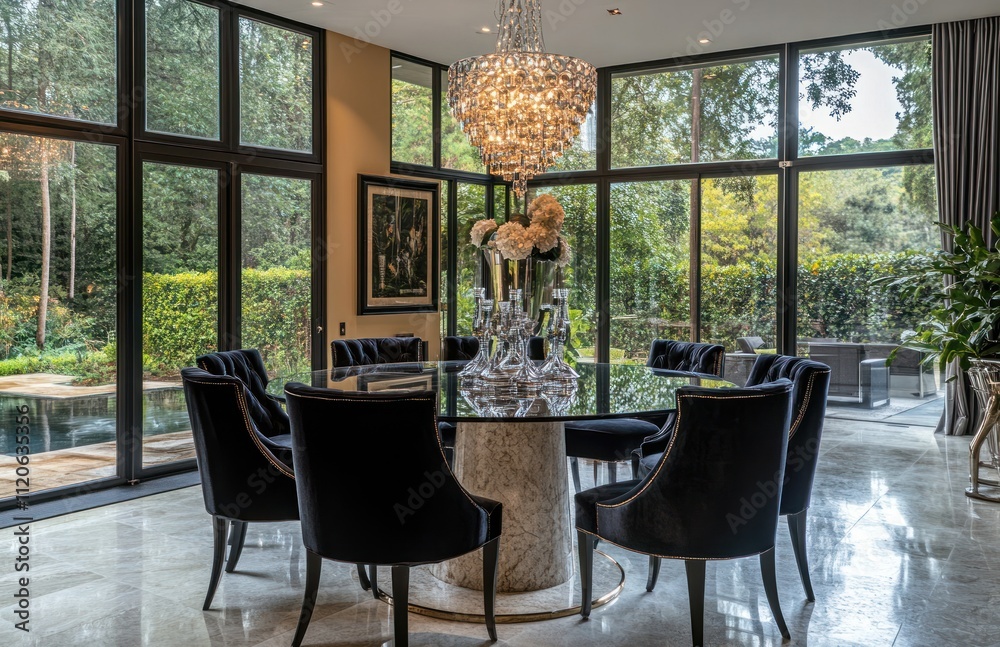 Fototapeta premium Luxurious dining room with large windows, marble table, and velvet chairs overlooking a pool and garden.