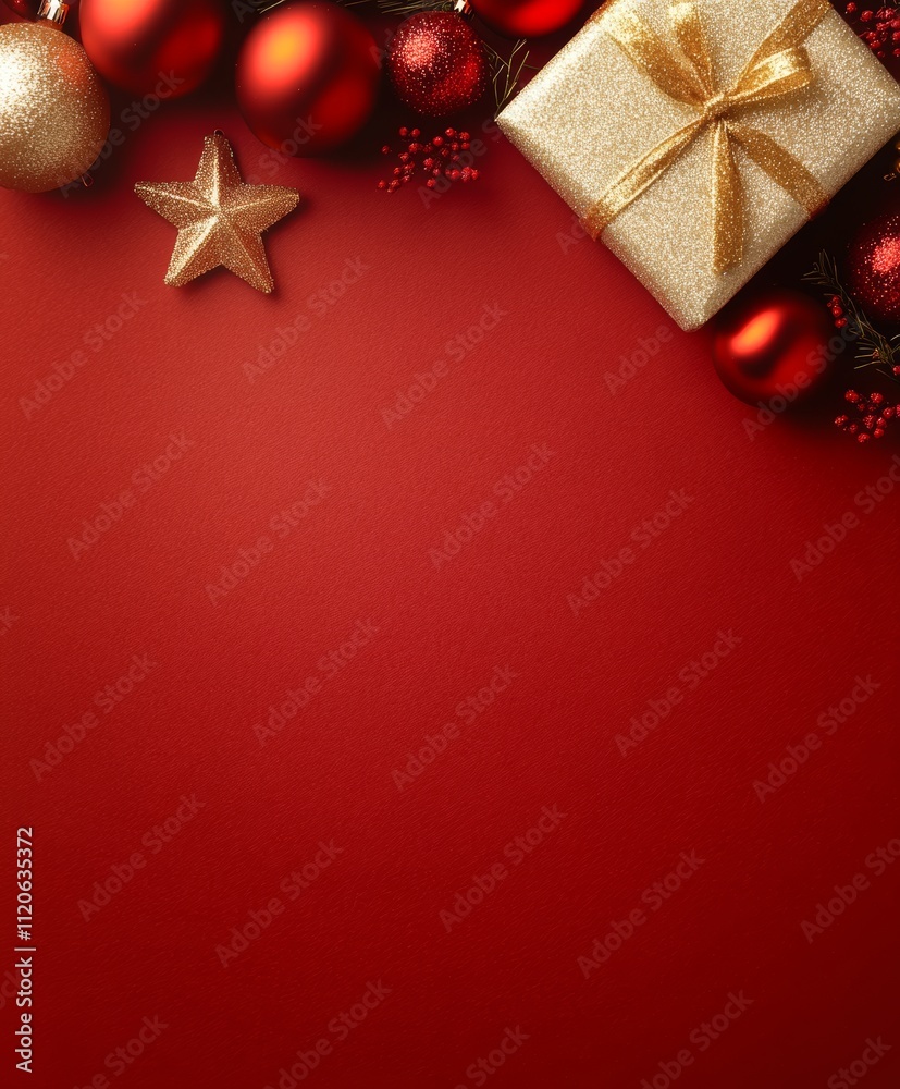A vibrant display of Christmas decorations featuring a gift box and star set against a festive red background, capturing the holiday spirit. A vibrant display of Christmas decorations featuring a gift box and star set against a festive red background, capturing the holiday spirit.
