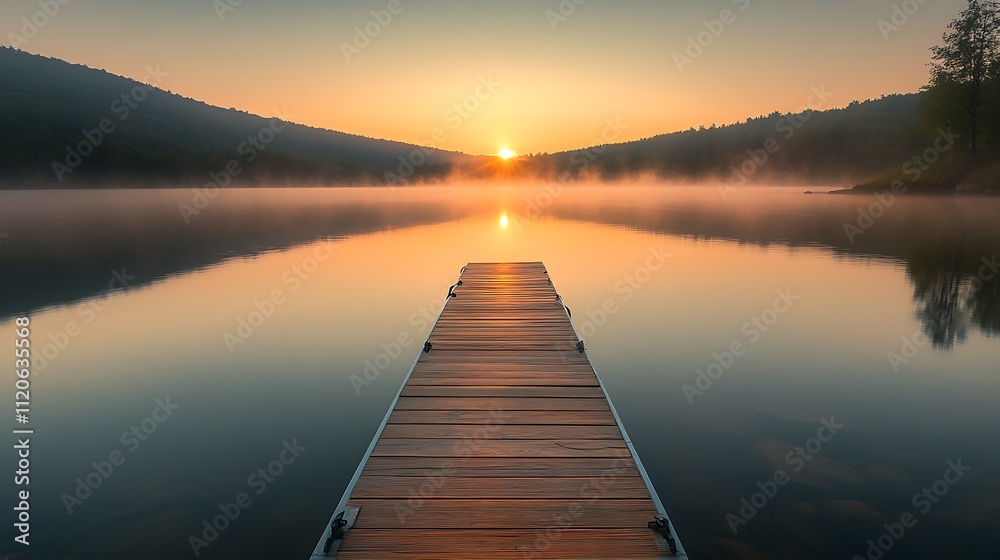 Obraz premium Tranquil Lakeside Wooden Pier at Sunrise With Misty Mountains in the Background : Generative AI