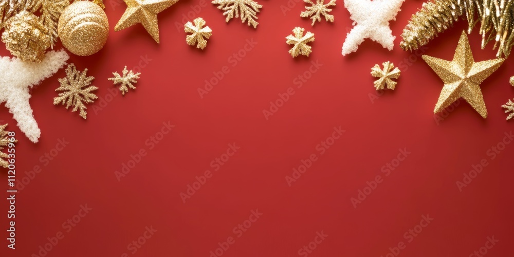 A vibrant display of Christmas decorations set against a red background, accented with delicate snowflakes and twinkling stars. A vibrant display of Christmas decorations set against a red background, accented with delicate snowflakes and twinkling stars.