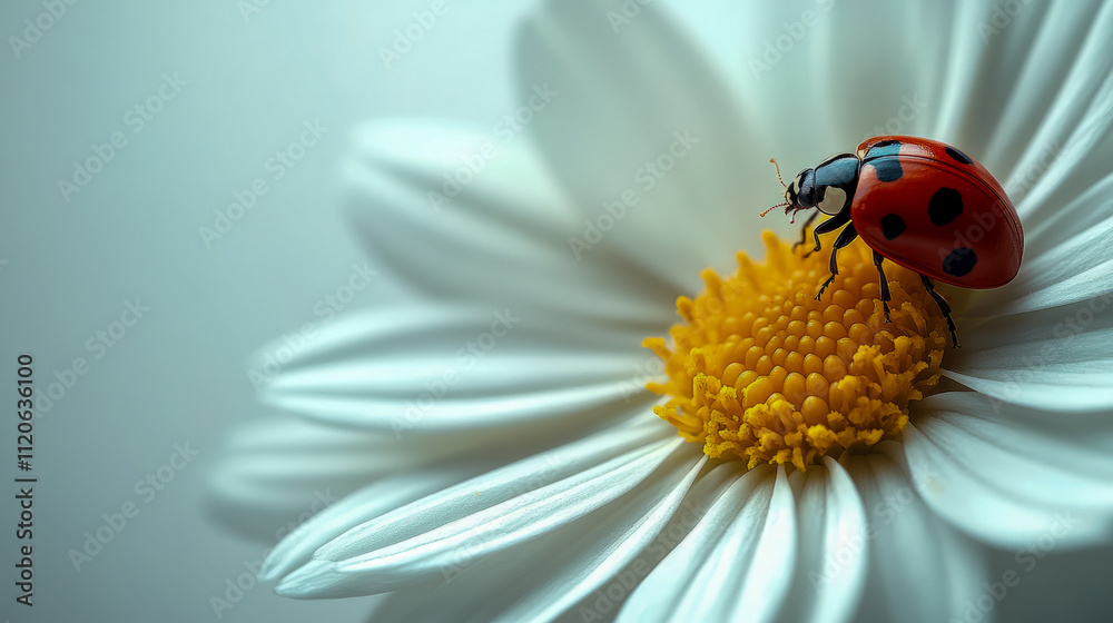 Vibrant ladybug on a dewy white daisy petal in morning light Vibrant ladybug on a dewy white daisy petal in morning light