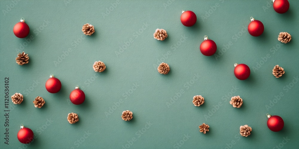 Festive green backdrop adorned with vibrant red ornaments and natural pine cones, capturing the essence of Christmas cheer and decoration.