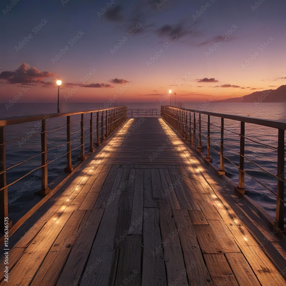 Fototapeta premium Dawn illumination on a long pier above the sea, beach, seafront, jetty