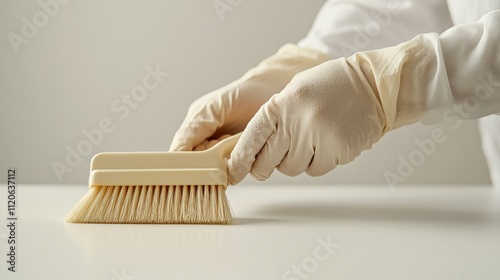 Gloved hands holding a dustpan on a clean surface, emphasizing minimalism and cleanliness