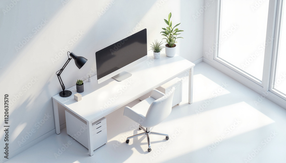 Minimalist white workspace with isometric computer and plants Minimalist white workspace with isometric computer and plants
