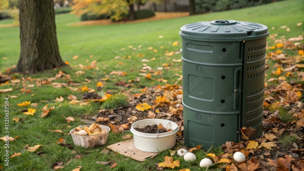 A cylindrical compost bin made from recycled plastic sits on a patch of grass partially covered by autumn leaves. The bin has a hinged top for easy access and several vents along A cylindrical compost bin made from recycled plastic sits on a patch of grass partially covered by autumn leaves. The bin has a hinged top for easy access and several vents along