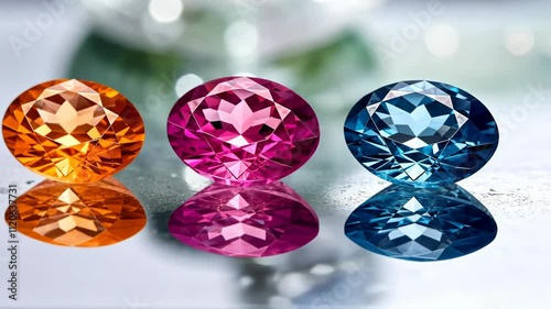 Colorful gemstones reflecting light on a polished surface in a bright setting photo